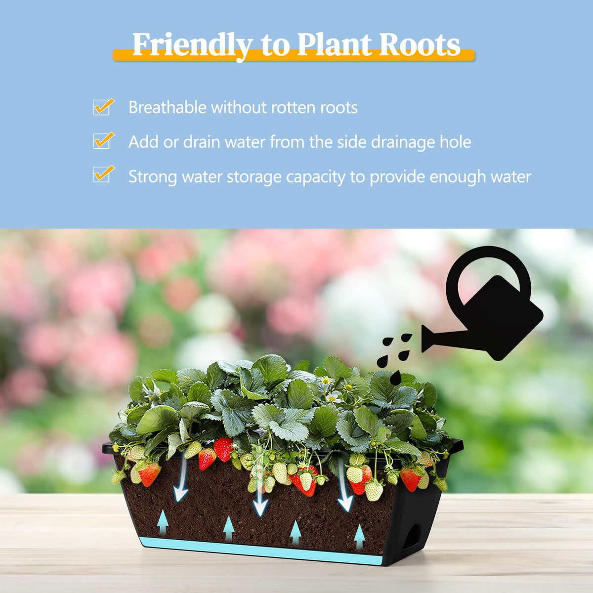 Smusei weather-resistant plastic railing planter withstands sun and wind outdoors.
