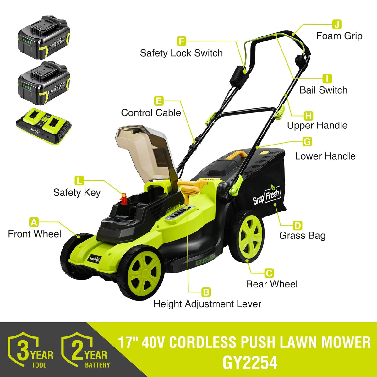 Battery compartment on SnapFresh mower with dual 5.0Ah batteries for longer sessions