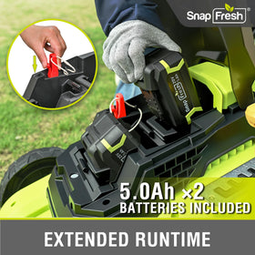 Foldable handle on SnapFresh mower for compact storage