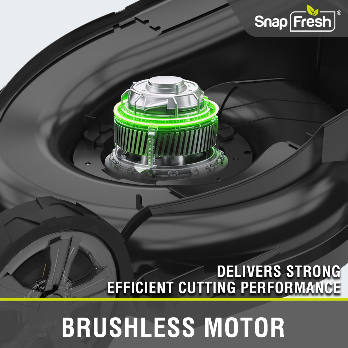 Large wheels on SnapFresh mower for smooth pushing and control
