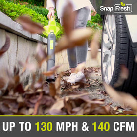 SnapFresh blower delivering up to 130 MPH for heavy debris cleanup.