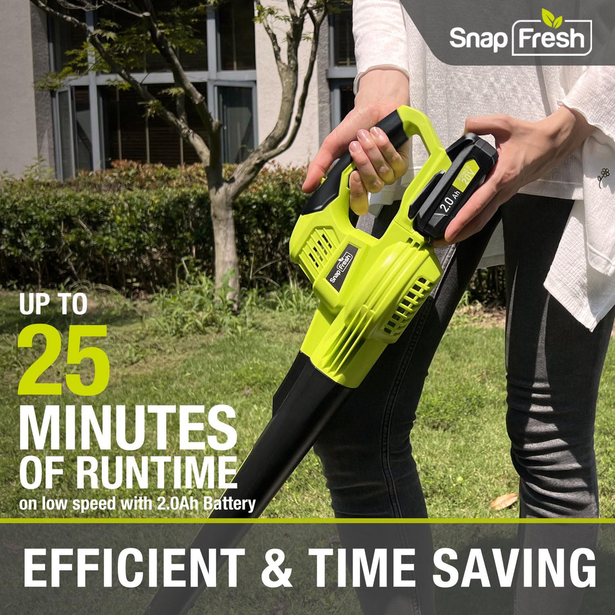 SnapFresh blower producing 140 CFM airflow for efficient leaf clearing.
