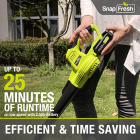 SnapFresh blower producing 140 CFM airflow for efficient leaf clearing.