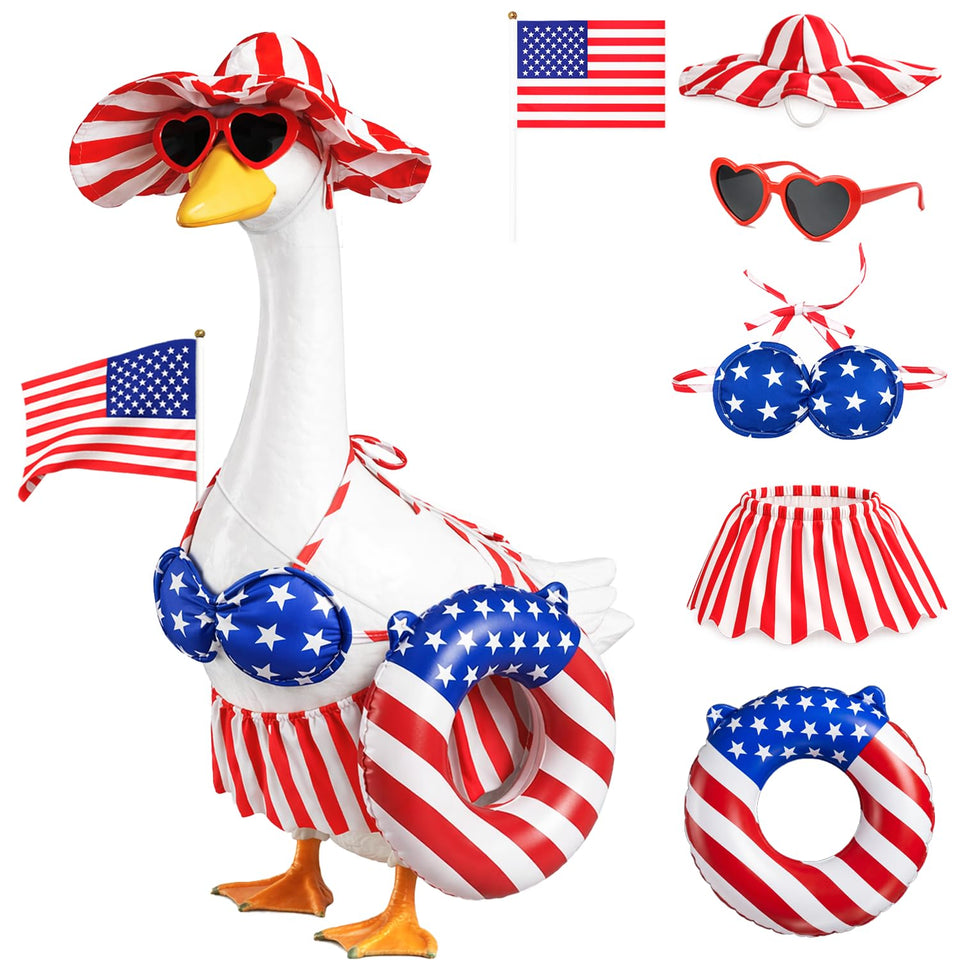 SNASRHTY hat on goose statue boosts porch patriotic flair.