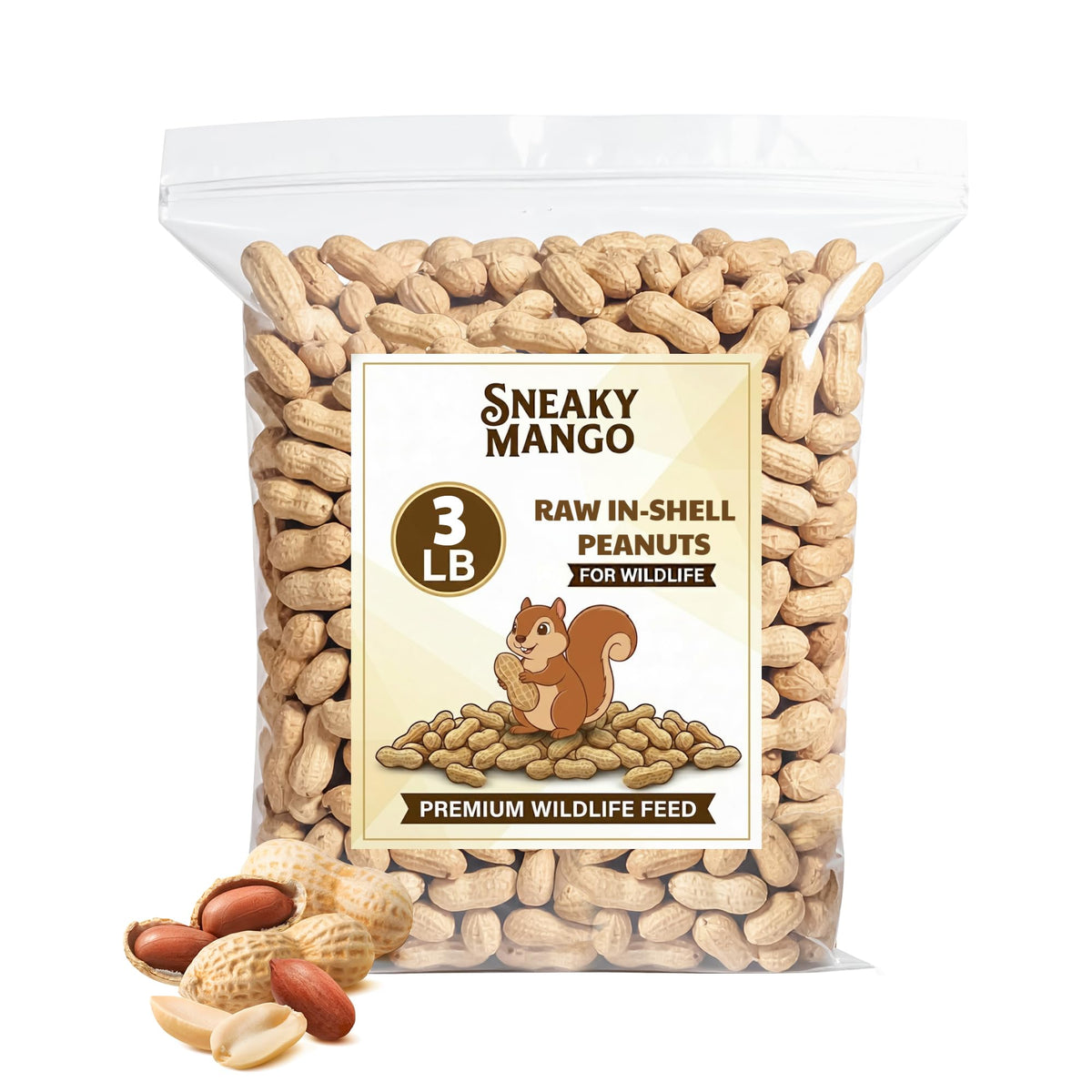 Sneaky Mango peanuts in shell 3lb bag ready for wildlife feeding.