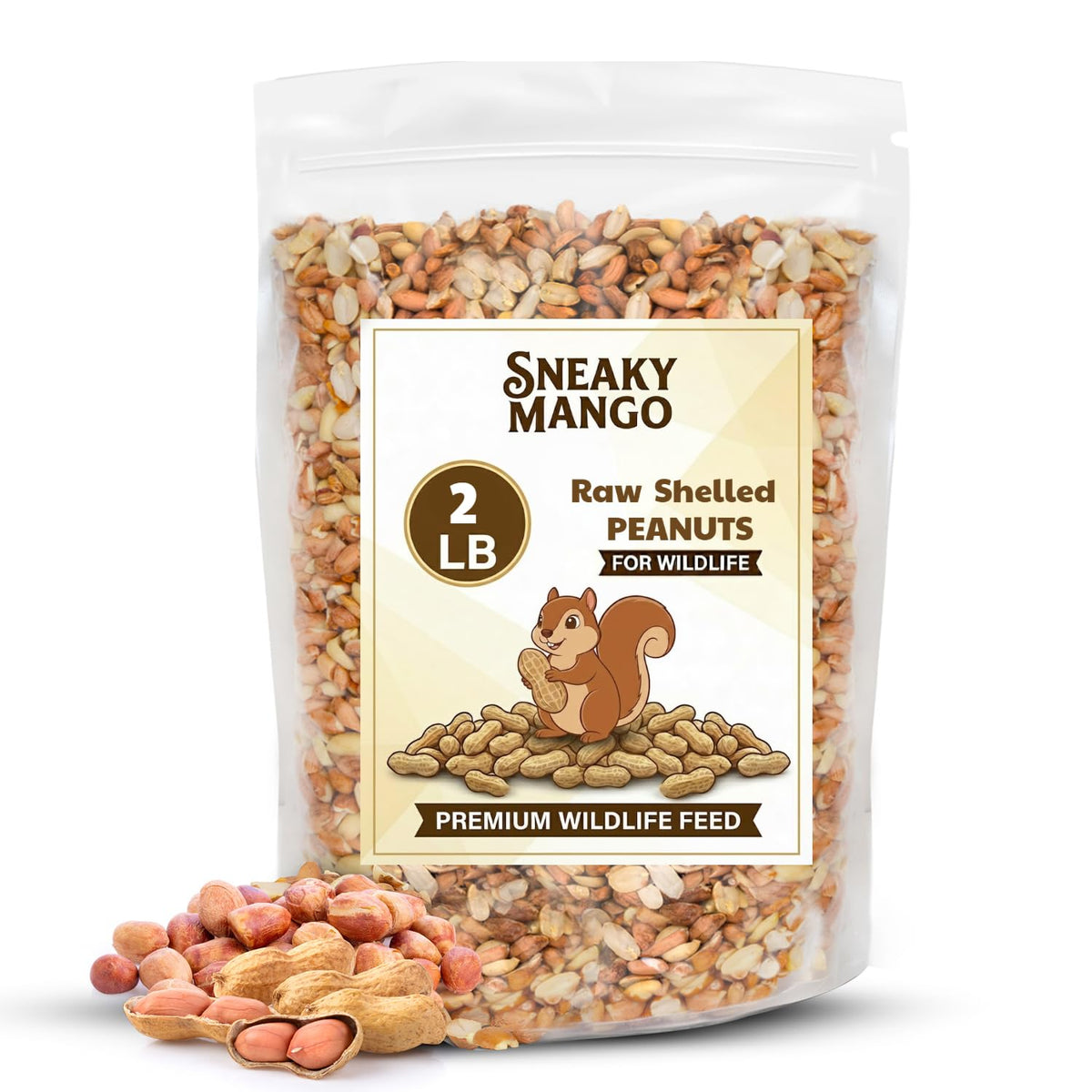 Sneaky Mango raw peanuts bag front, perfect wildlife feeding staple for your backyard.