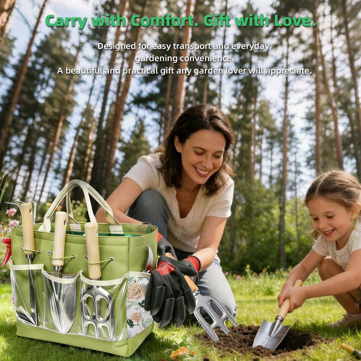 Snuggalux Garden Tools Set stainless steel build resists rust in outdoor use.
