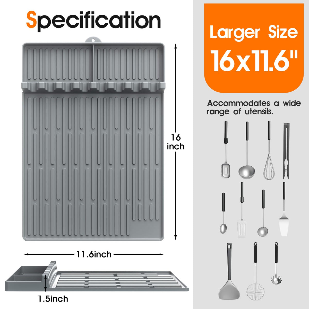 Snuggery mat with 8-slot grooves keeps utensils organized and within reach.