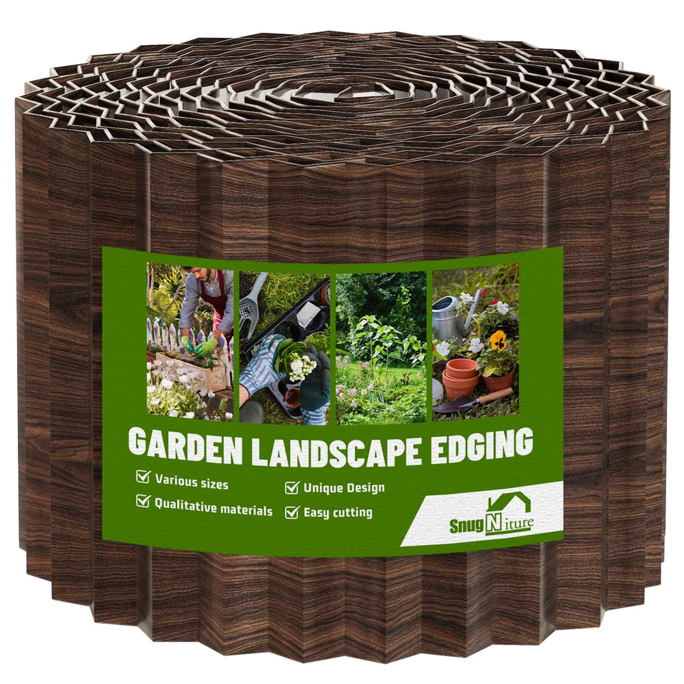 SnugNiture corrugated edging close-up highlights durable brown metal finish for long-lasting borders.