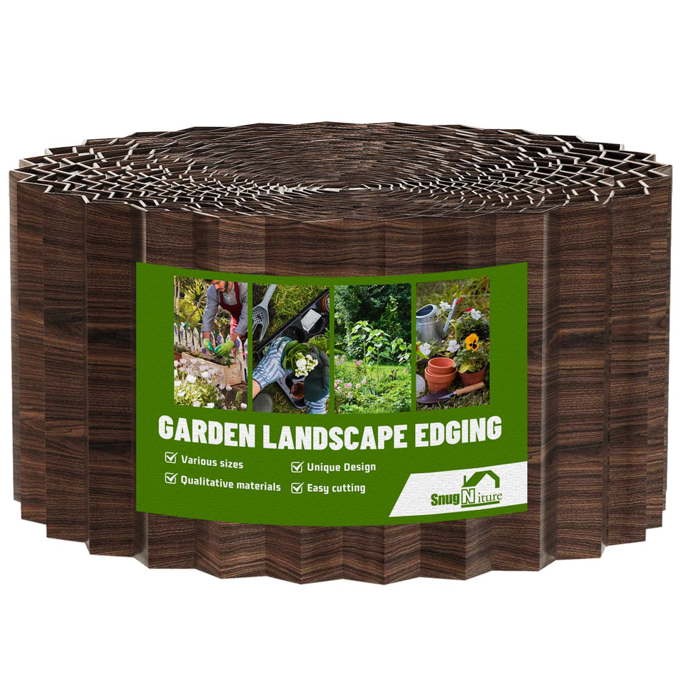 SnugNiture corrugated garden edging in brown enhances a neat lawn border.