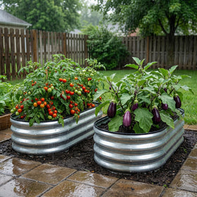 SnugNiture galvanized raised bed front view highlights dual planting zones for organized gardening.