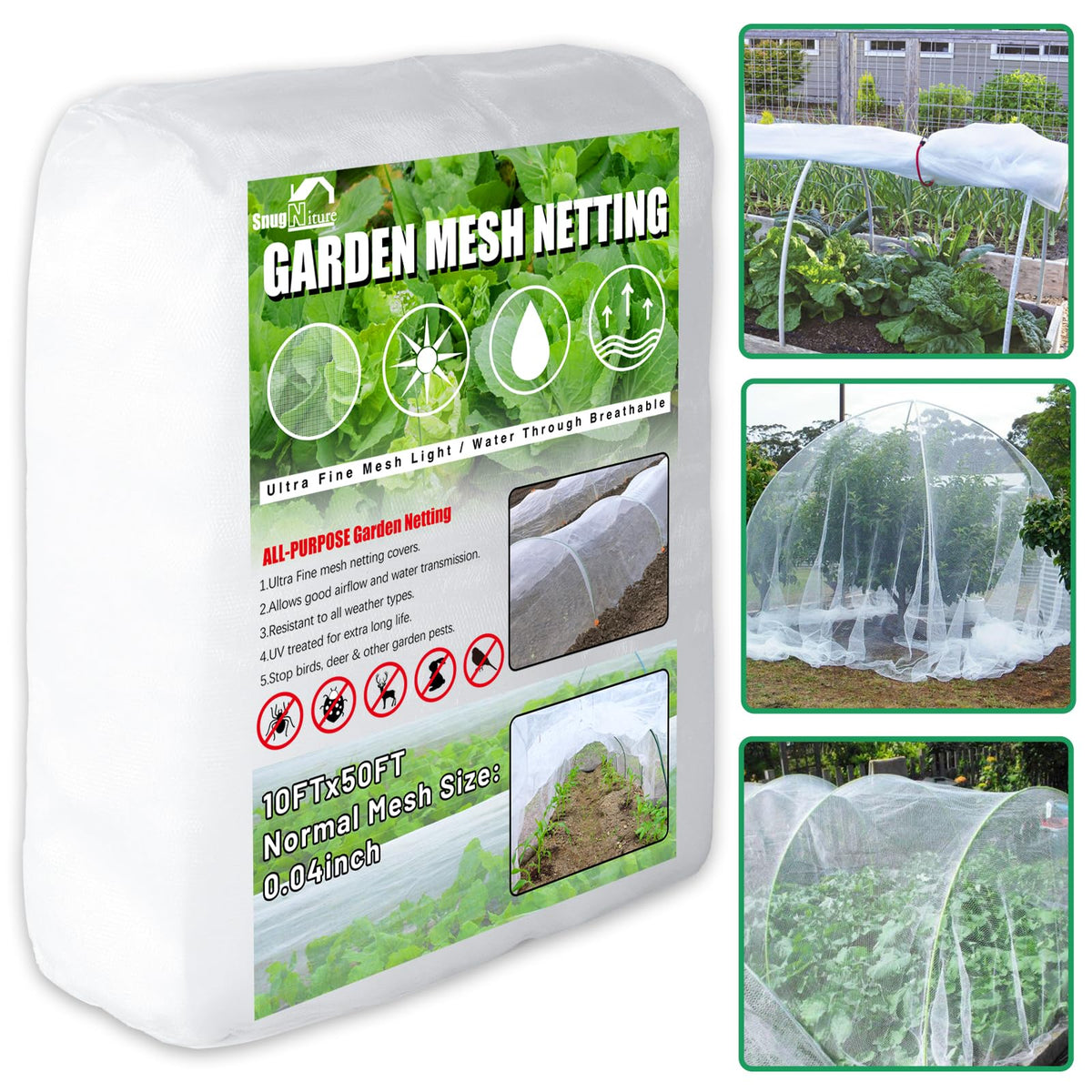SnugNiture Garden Netting 10x50ft overview protecting crops with generous coverage.