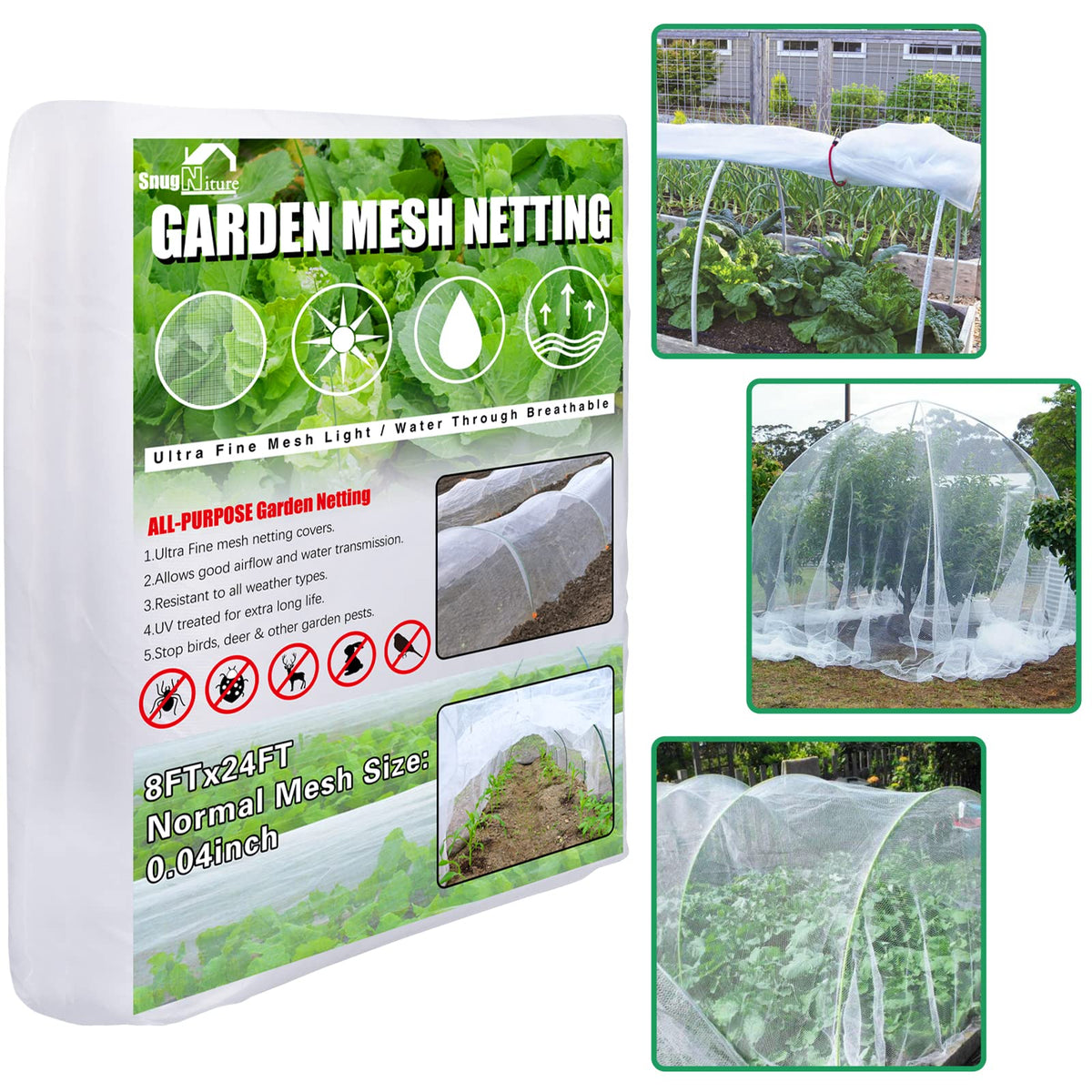 SnugNiture garden netting 8x24ft covering crops to deter birds and pests.