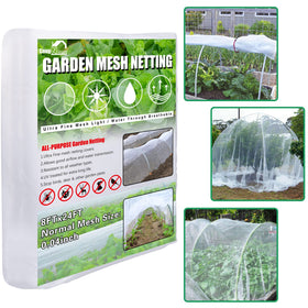 SnugNiture garden netting 8x24ft covering crops to deter birds and pests.