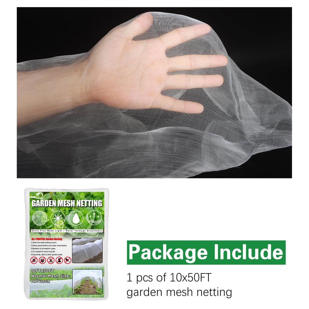 SnugNiture netting is lightweight and see-through, covering plants without blocking light.