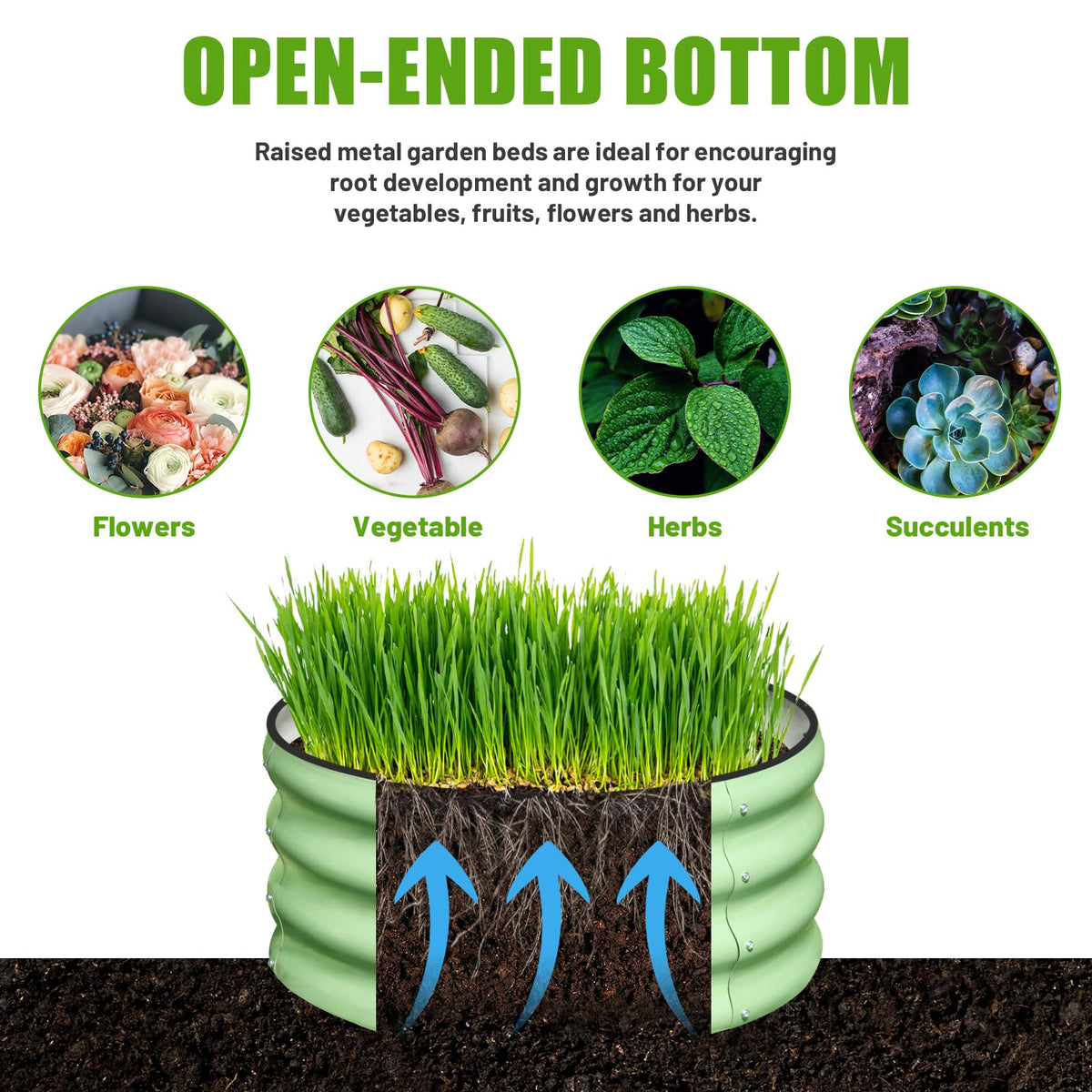 SnugNiture green metal planter in garden demonstrates versatile planting space