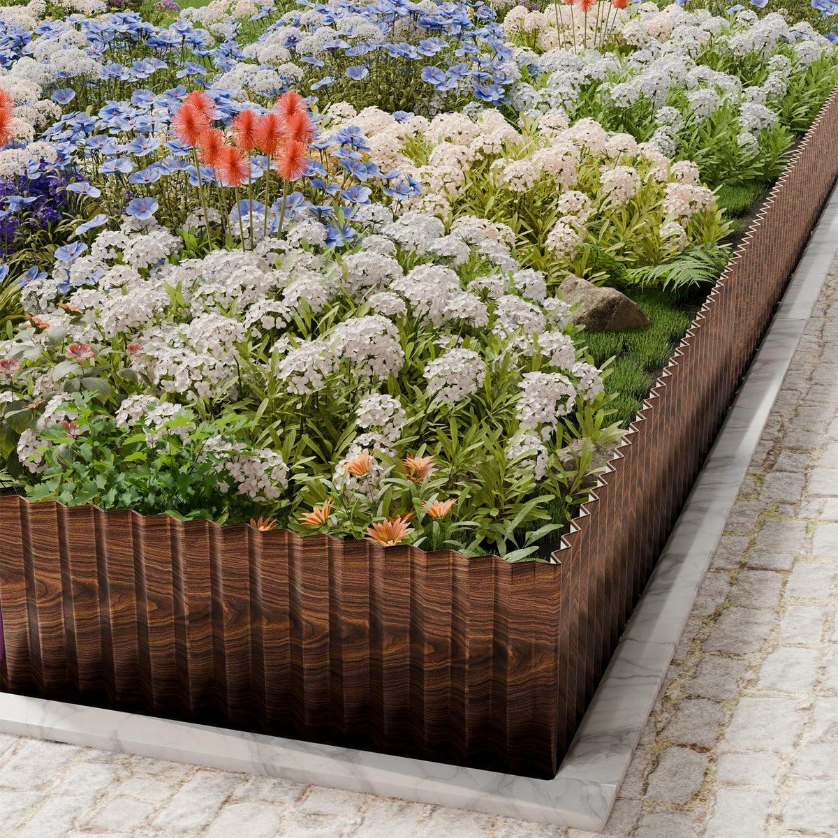 SnugNiture metal garden border displays woodgrain finish for stylish beds and borders.