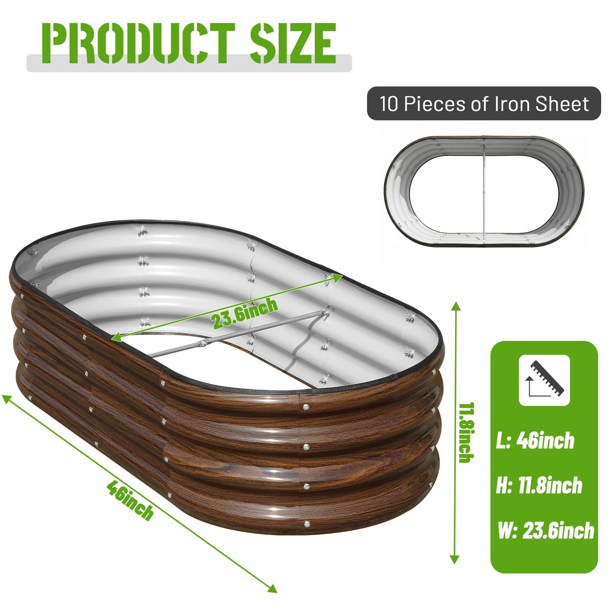 SnugNiture oval metal planter box shows drainage-friendly bottomless frame for healthy roots.