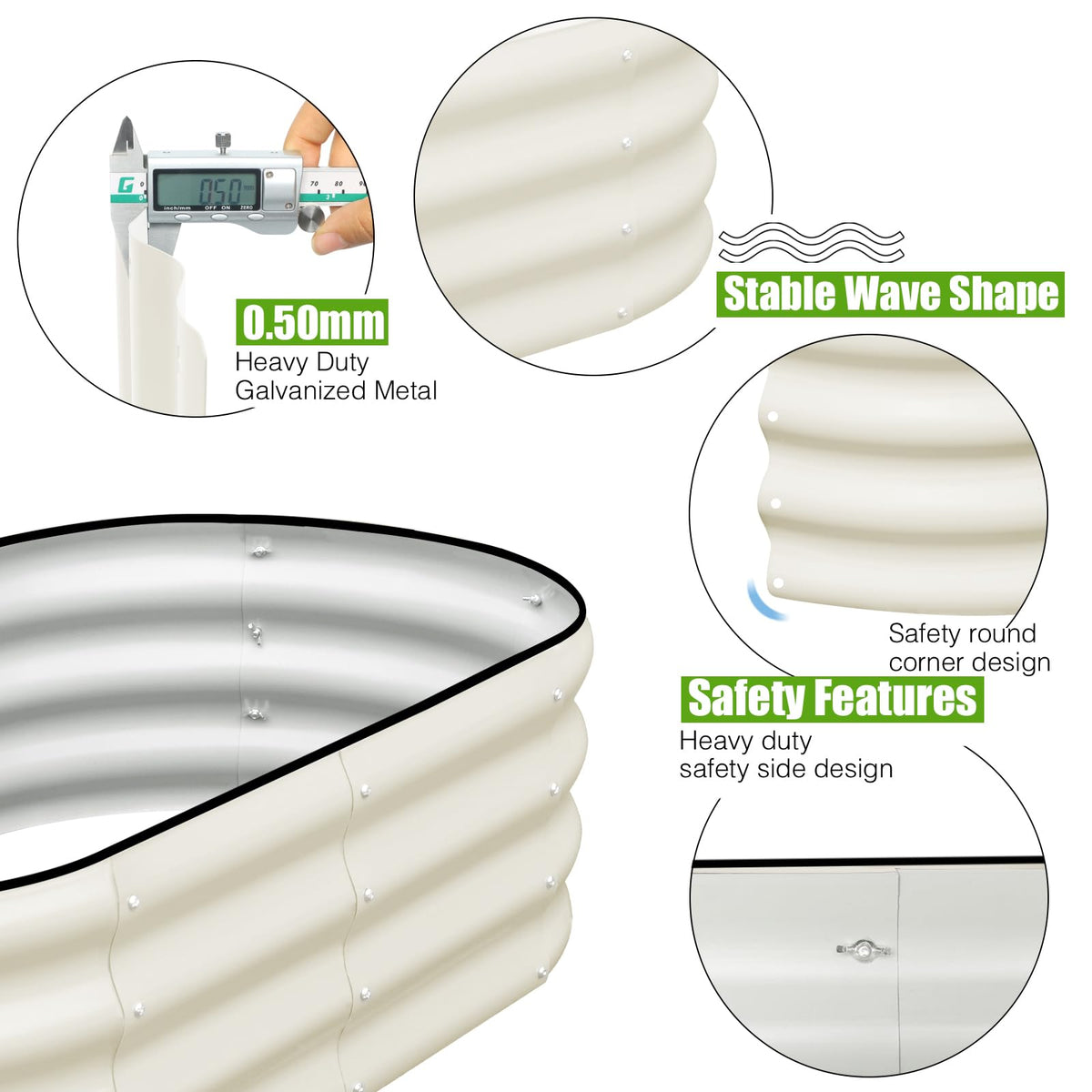 SnugNiture oval planter box highlighting bottomless frame and drainage.