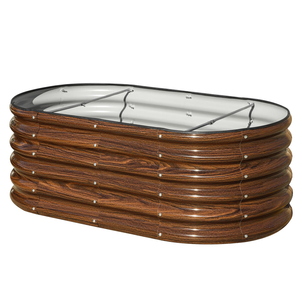 SnugNiture oval raised bed in brown with ample planting space for vegetables.