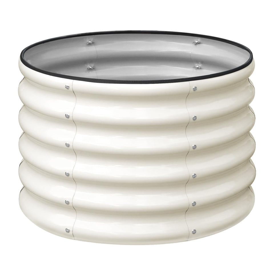 SnugNiture raised garden bed, round galvanized exterior ideal for outdoor planting.