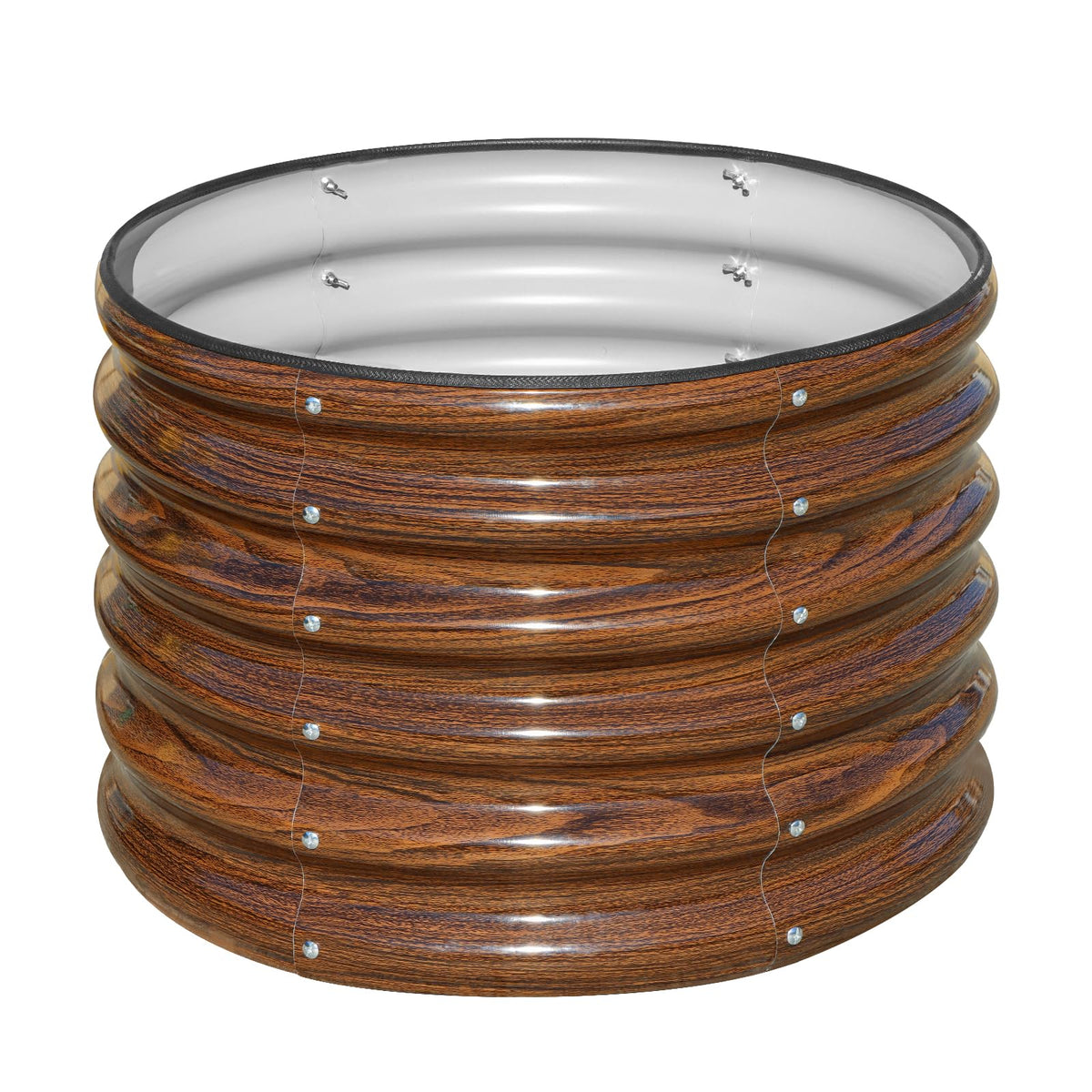 SnugNiture round raised garden bed with open base for drainage.