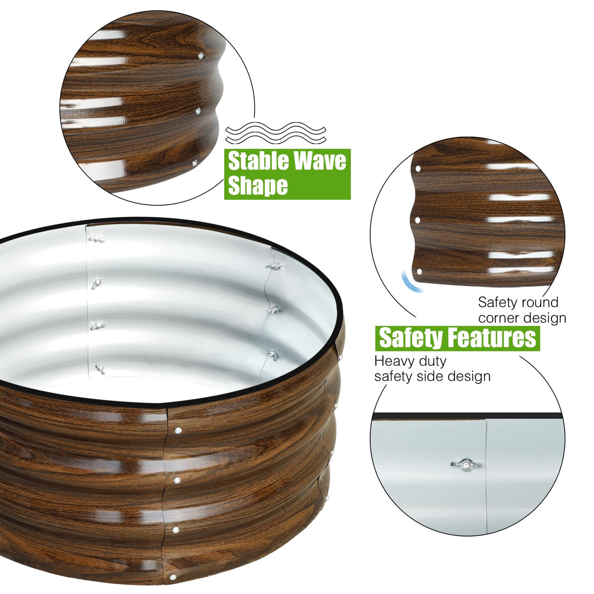 SnugNiture round galvanized bed open-bottom design enables better drainage for healthy roots.