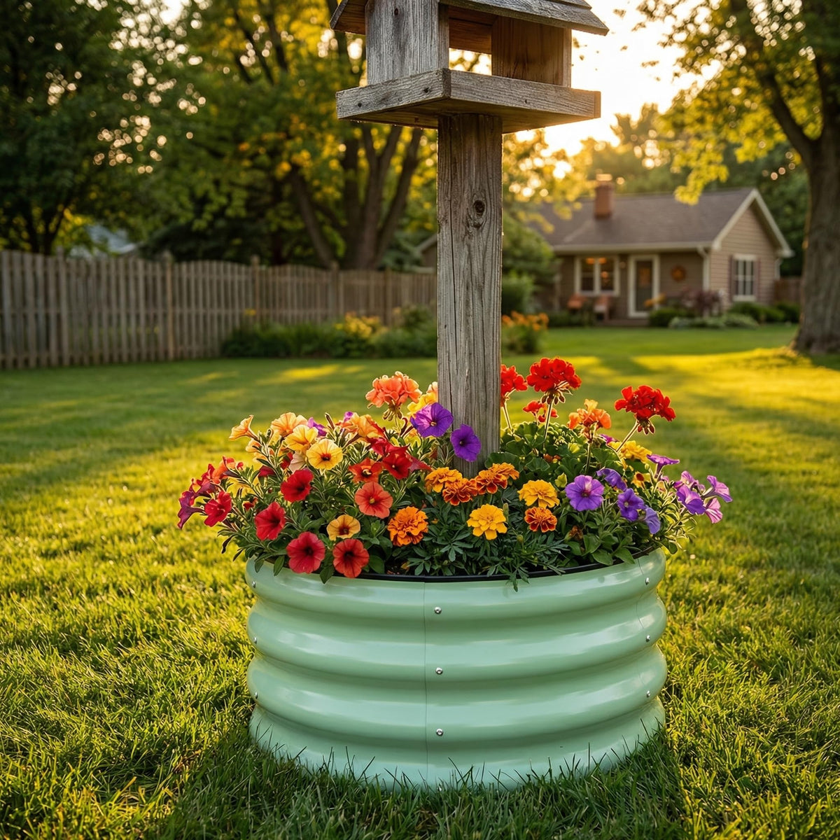 SnugNiture round galvanized bed side view displaying ample growing area for vegetables