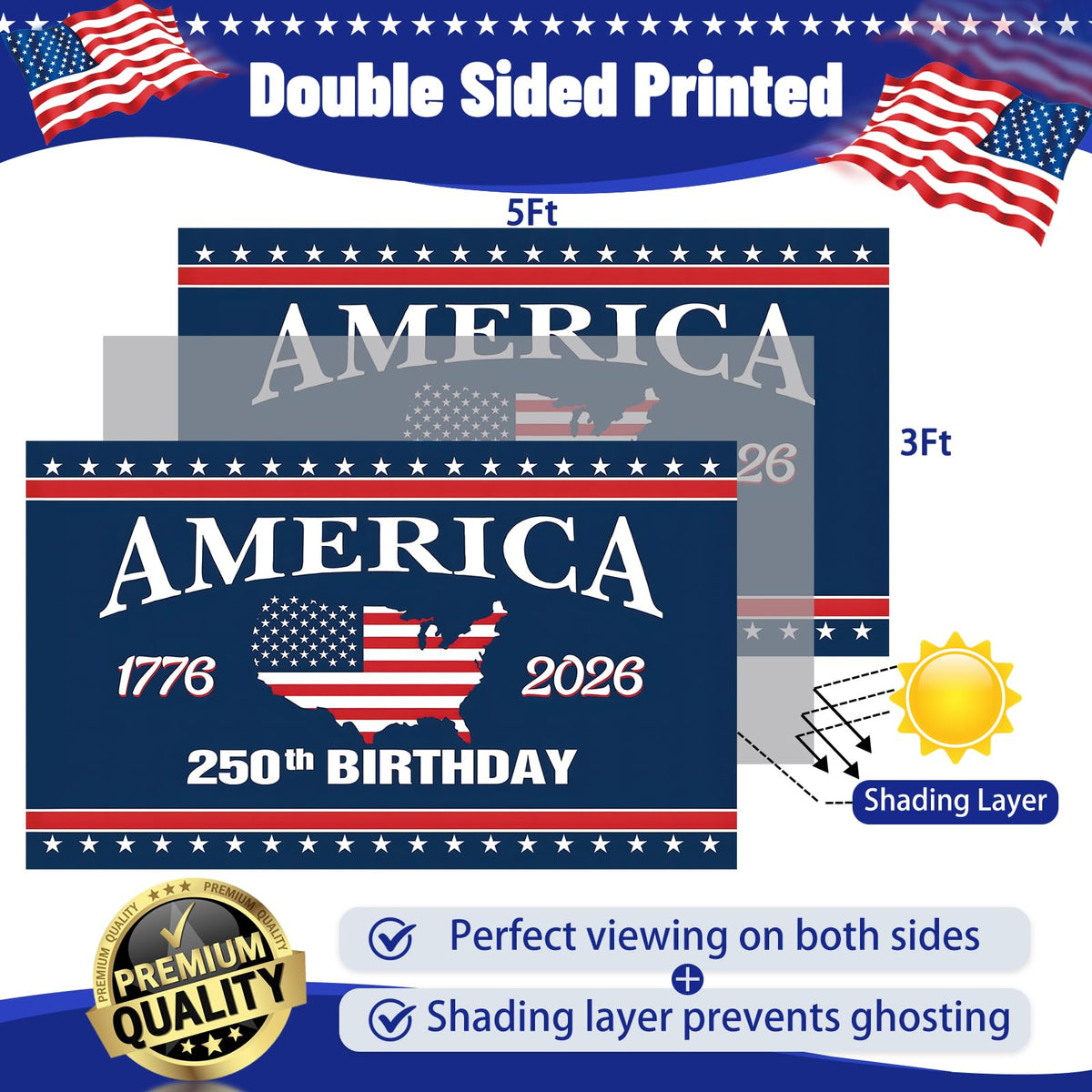 Snungee 250th Anniversary flag rear view highlights double-sided visibility for porch use