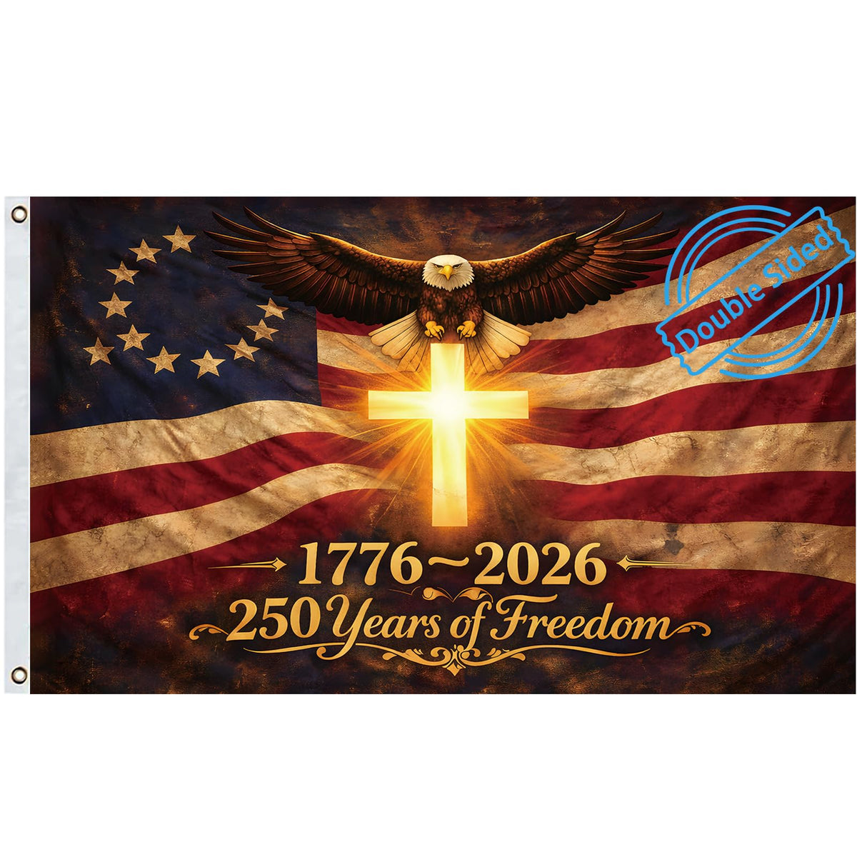 Snungee 250th anniversary flag with cross design for outdoor display.