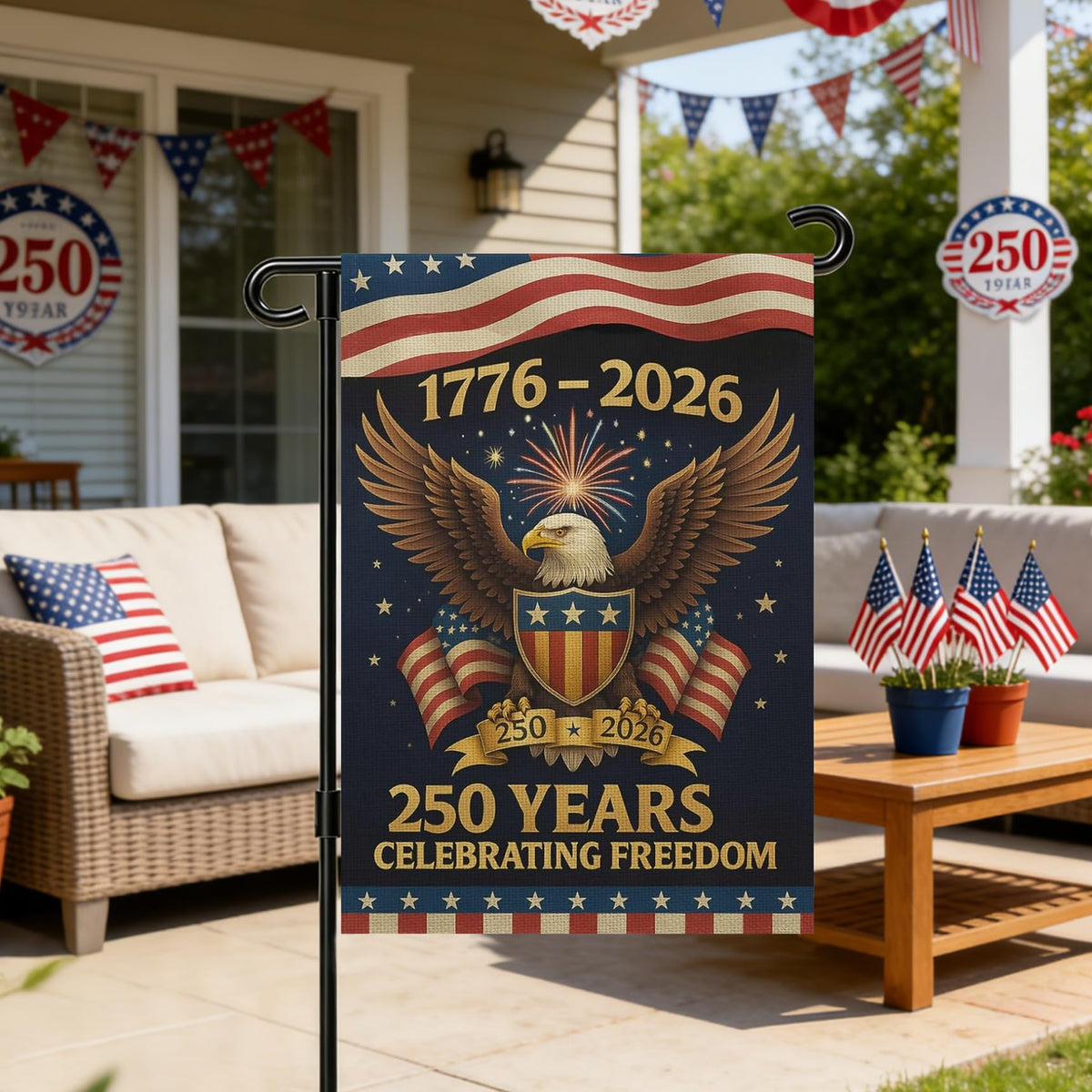 Snungee 250th Anniversary flag in red, white, blue colors waving