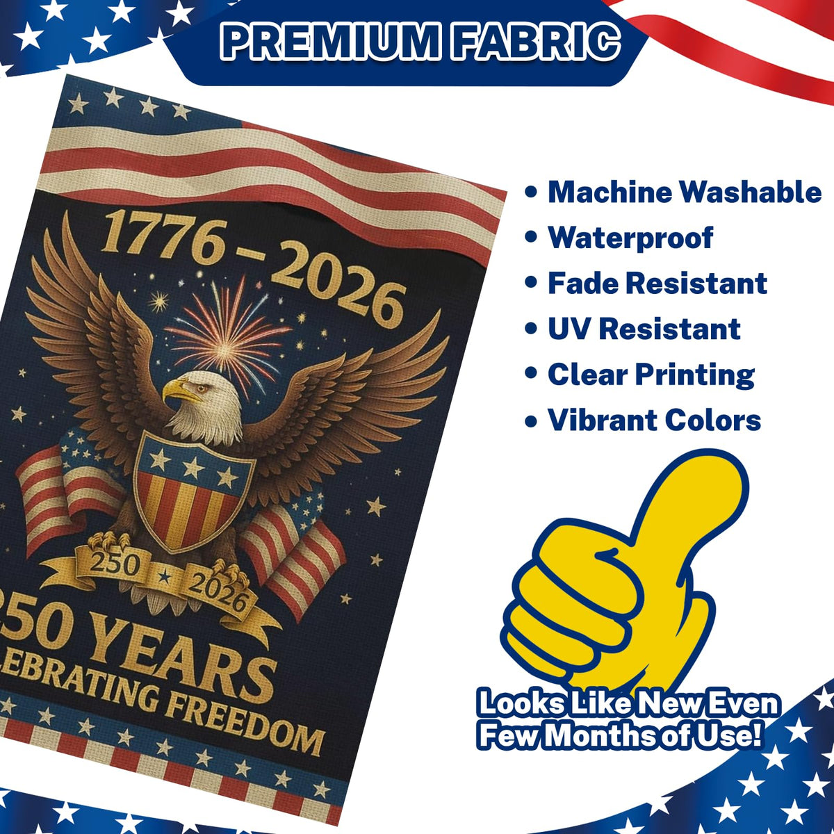 Snungee 250th Anniversary flag with reinforced stitching for durability