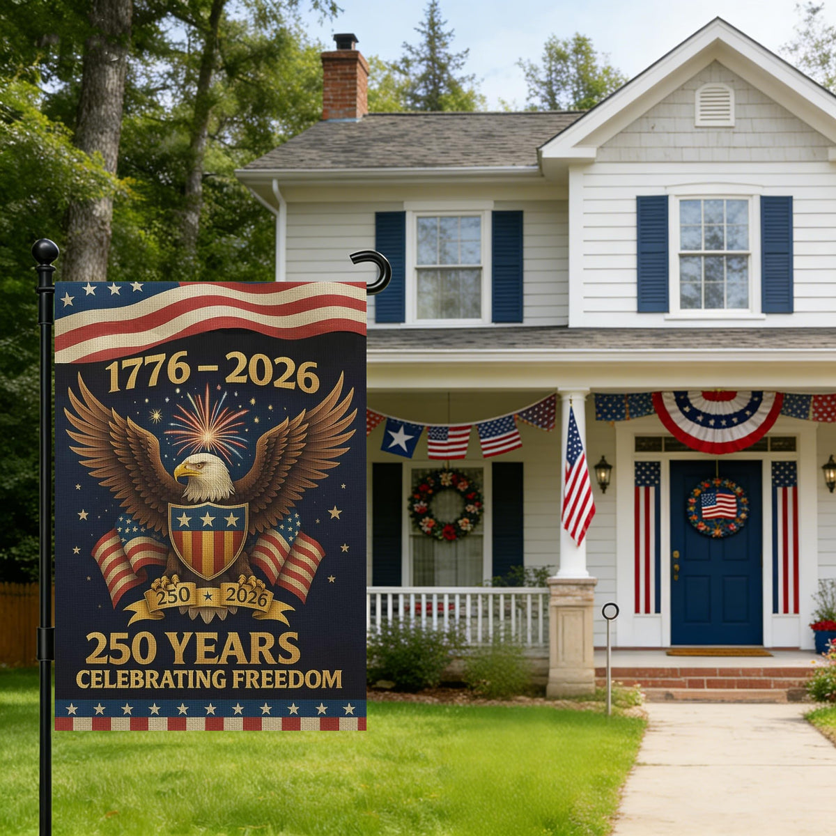 Snungee 250th Anniversary flag wind-swept for dynamic yard display