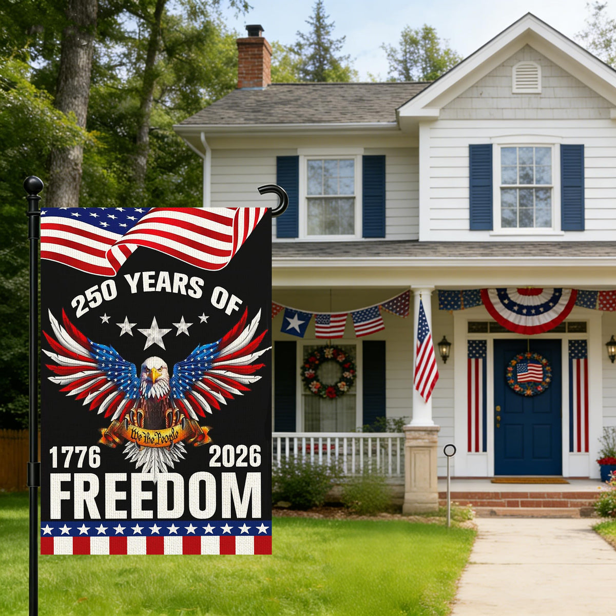 Snungee 250th Anniversary flag waving in breeze, ideal for curb appeal.