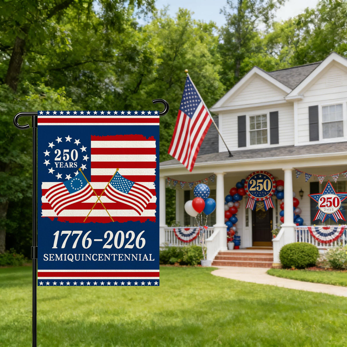 Snungee 250th flag back view, readable from behind for versatile displays.
