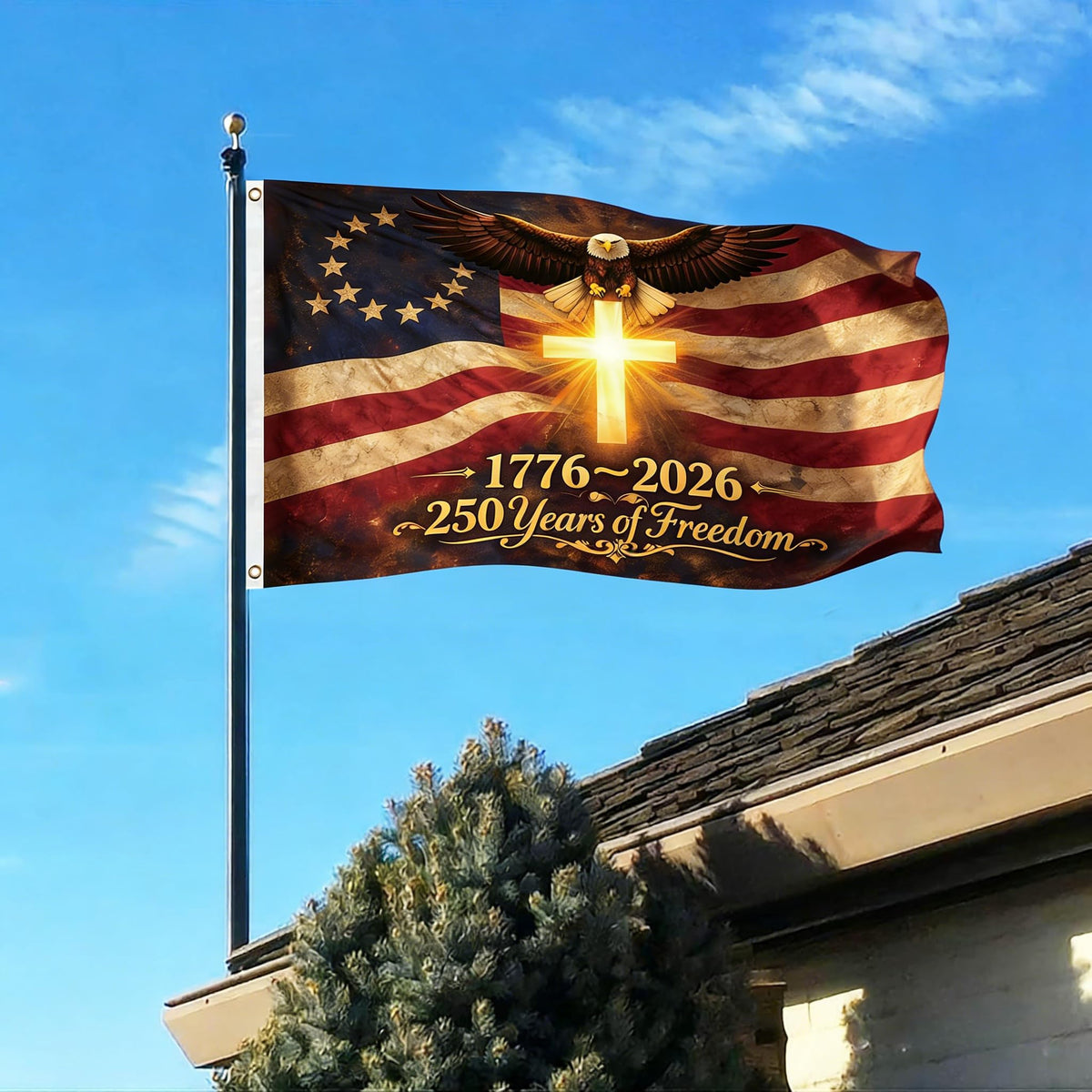 Snungee porch or garden display flag for 250th anniversary celebrations.