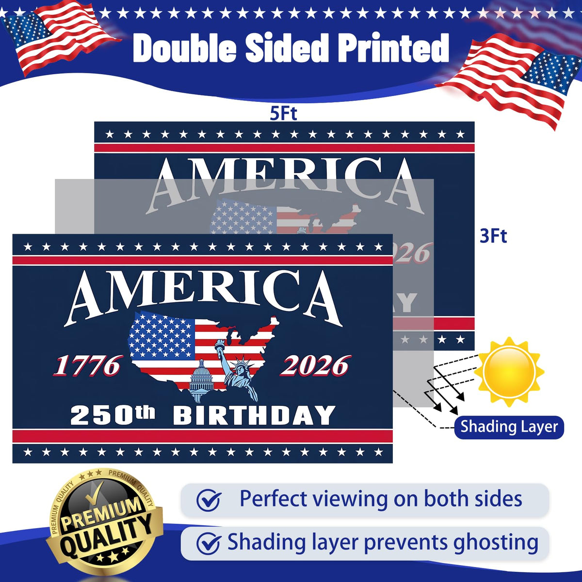 Snungee USA flag shows 1776-2026 theme for porch and garden