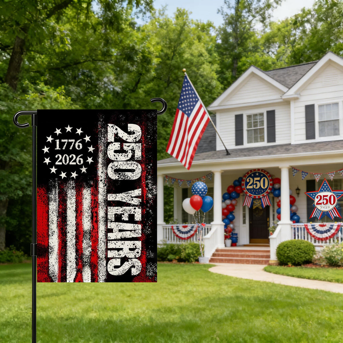 Snungee 1776-2026 double-sided print visible from both sides during outdoor use in any yard.