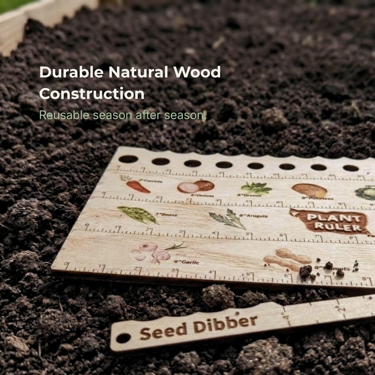 Carrots and greens planted using Snurfado Plant Ruler in raised bed