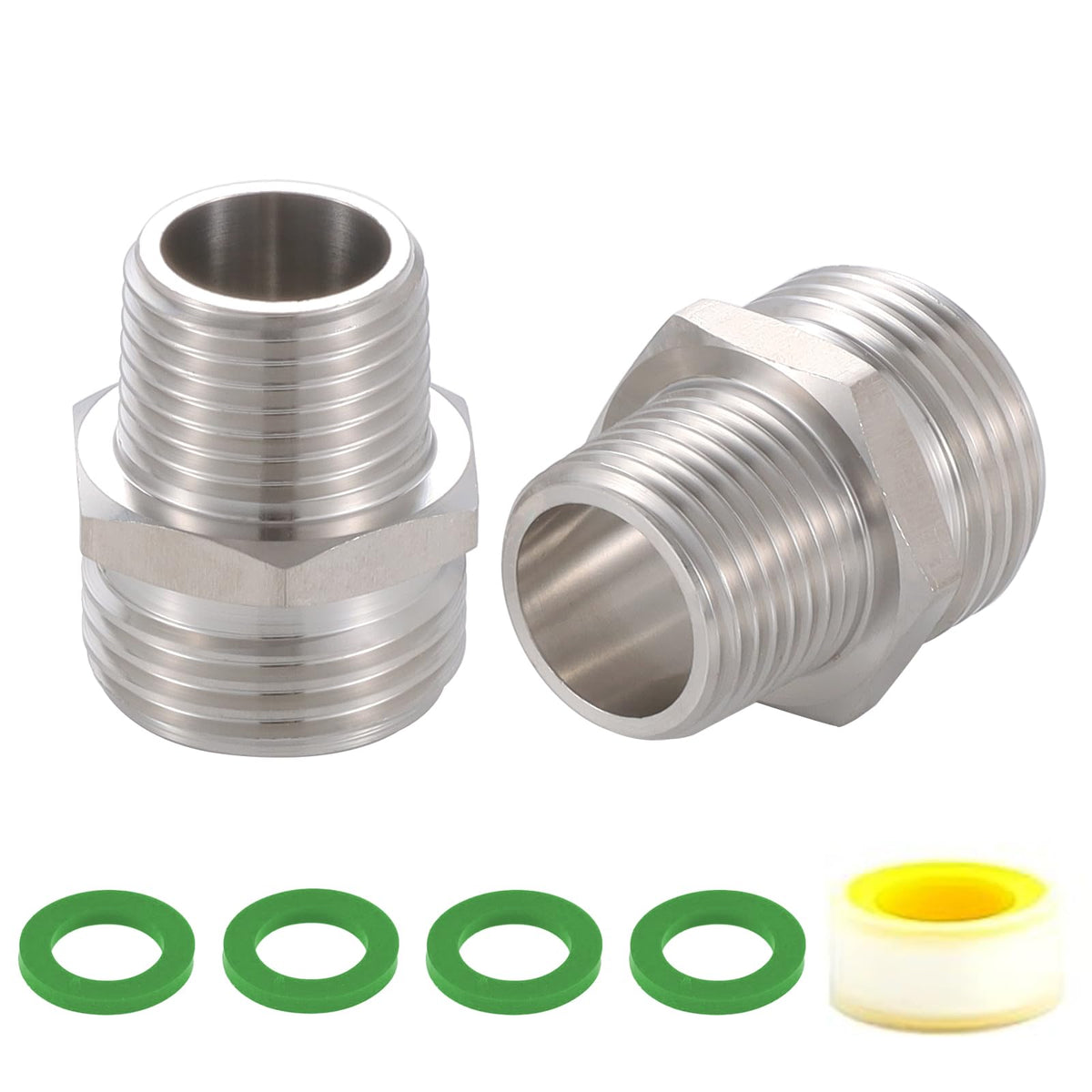 SNUTUYA garden hose adapter close-up showing 3/4 GHT to 1/2 NPT threads