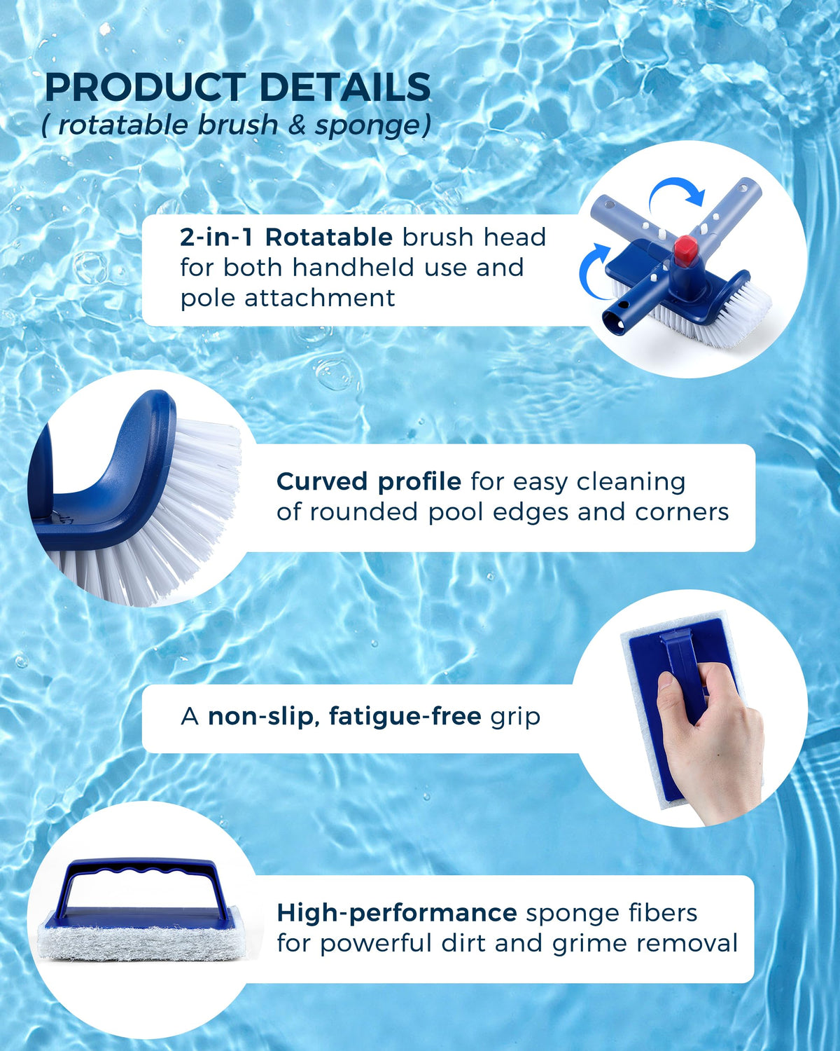 Snuvid pool brush features anti-slip grip for wet use.
