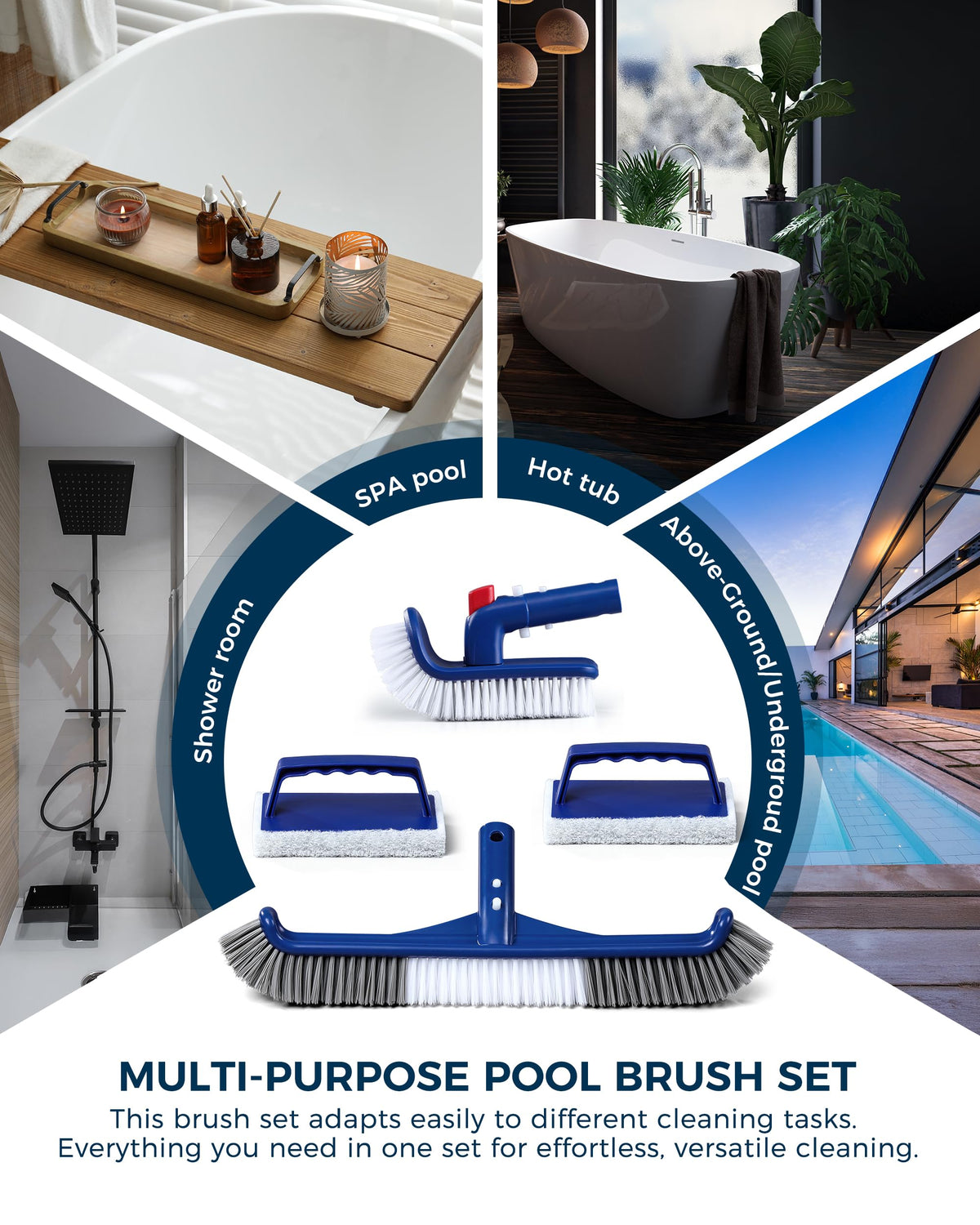 Snuvid 3-in-1 pool brush shown cleaning walls and floors.