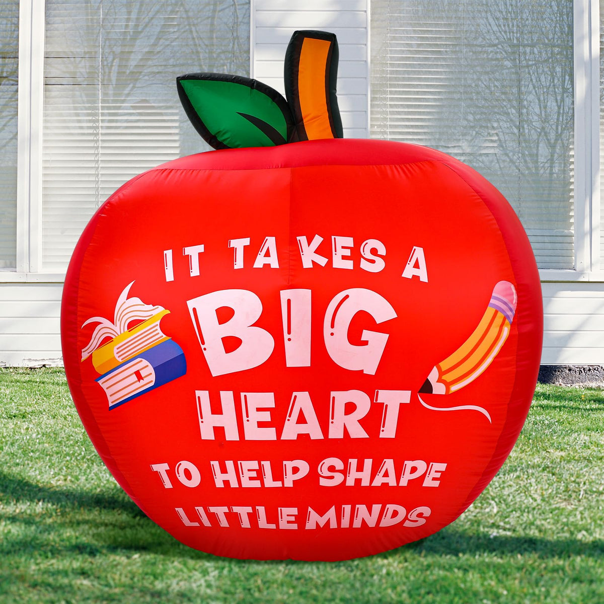 Soaoo 5 ft teacher appreciation inflatable with books and pencils for outdoor display.
