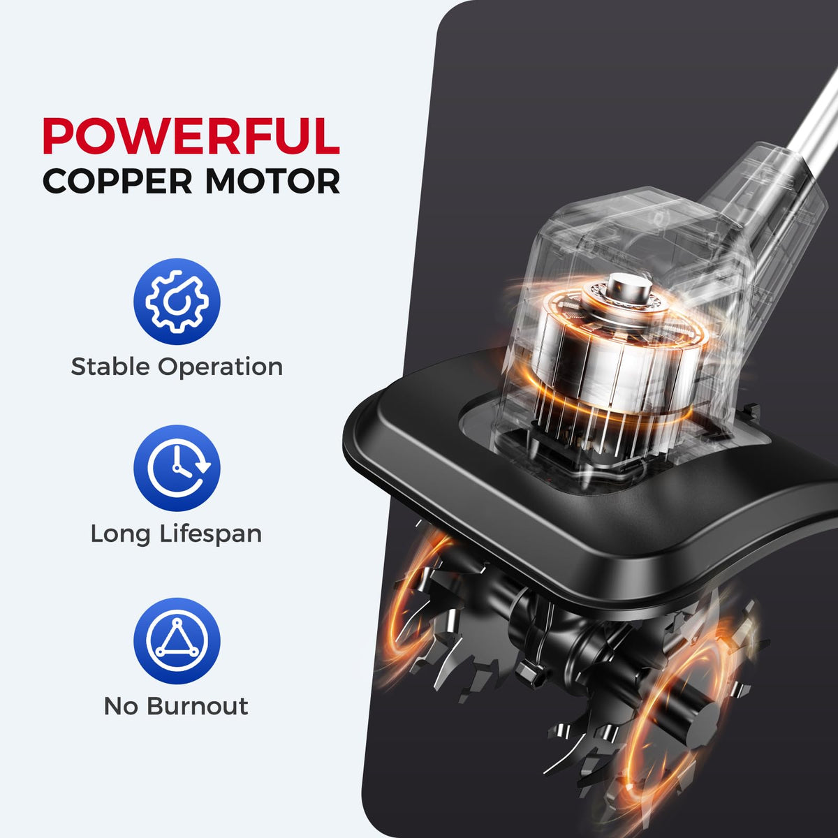 SOARFLY 360rpm motor delivers steady soil cultivation and faster results