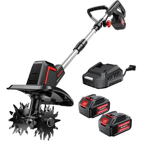 SOARFLY tiller shows 9-inch width for precise bed prep