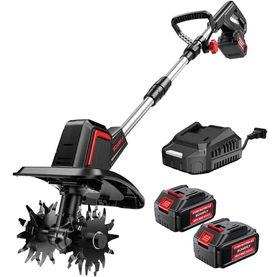 SOARFLY tiller shows 9-inch width for precise bed prep