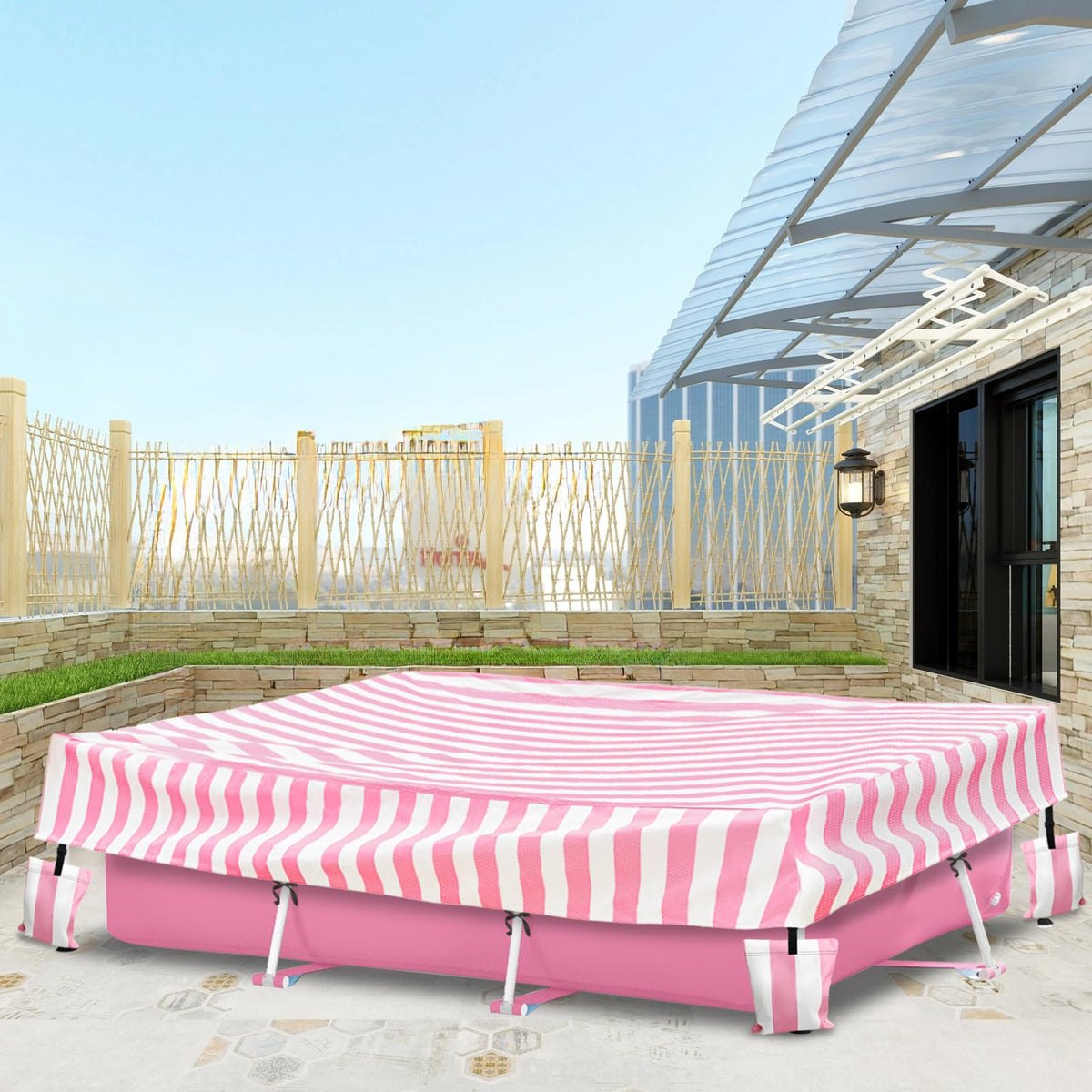 All-weather protection: Sobana pool cover blocks leaves and debris from gathering on the surface.