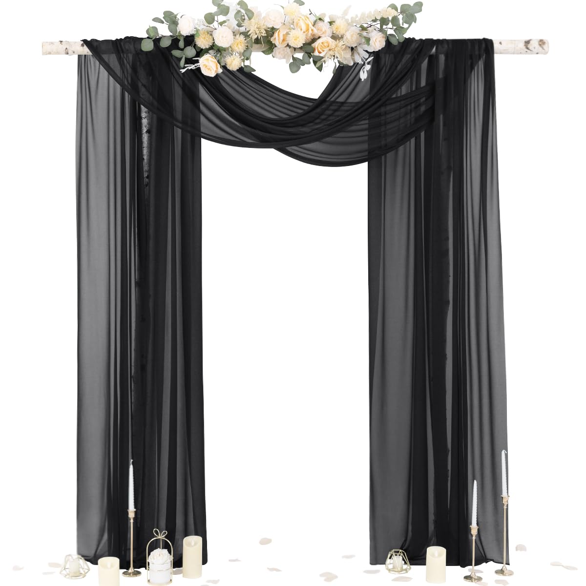 Socomi black sheer gothic wedding draping fabric forms elegant arch backdrop.