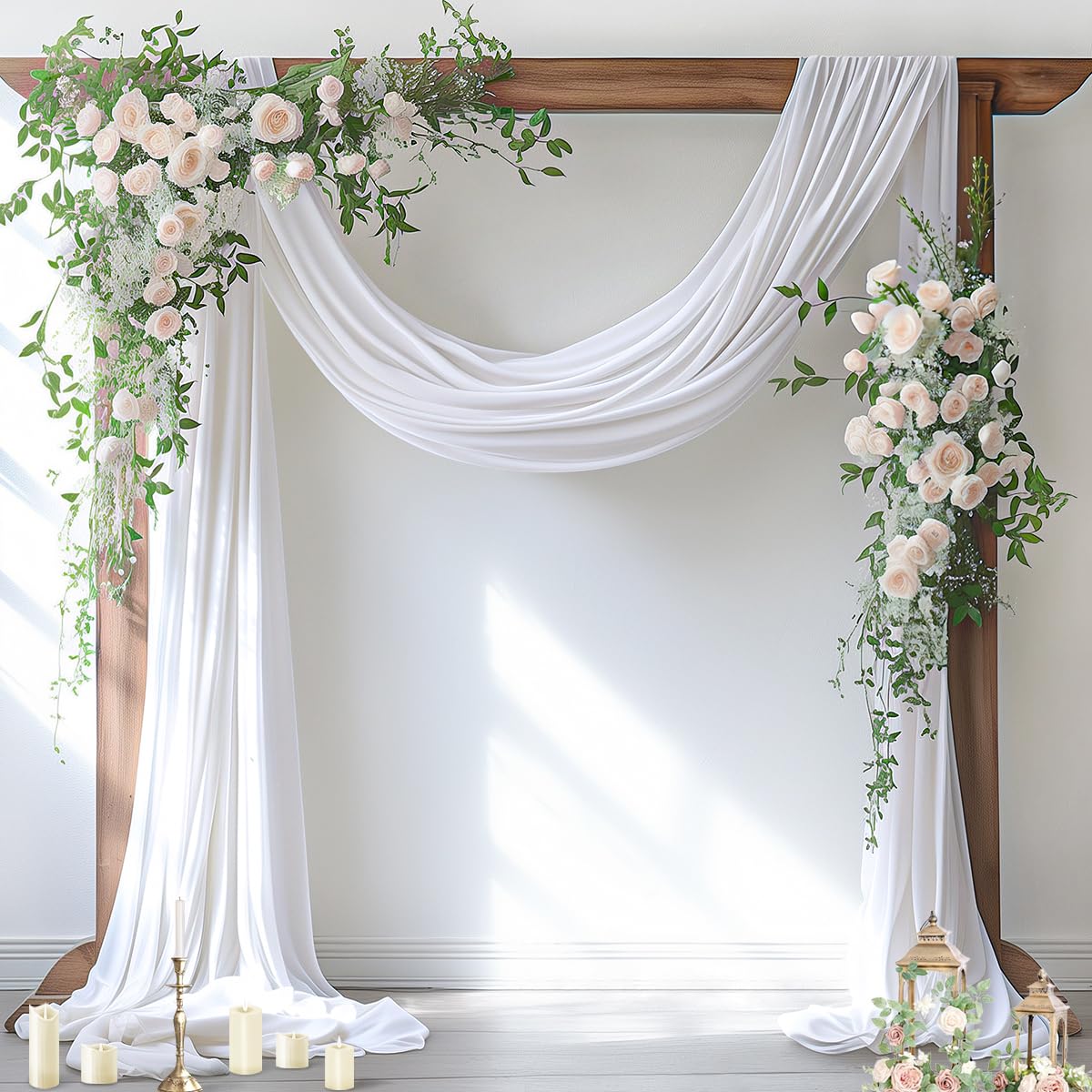 Socomi white sheer arch drape panel creates an elegant ceremony backdrop.