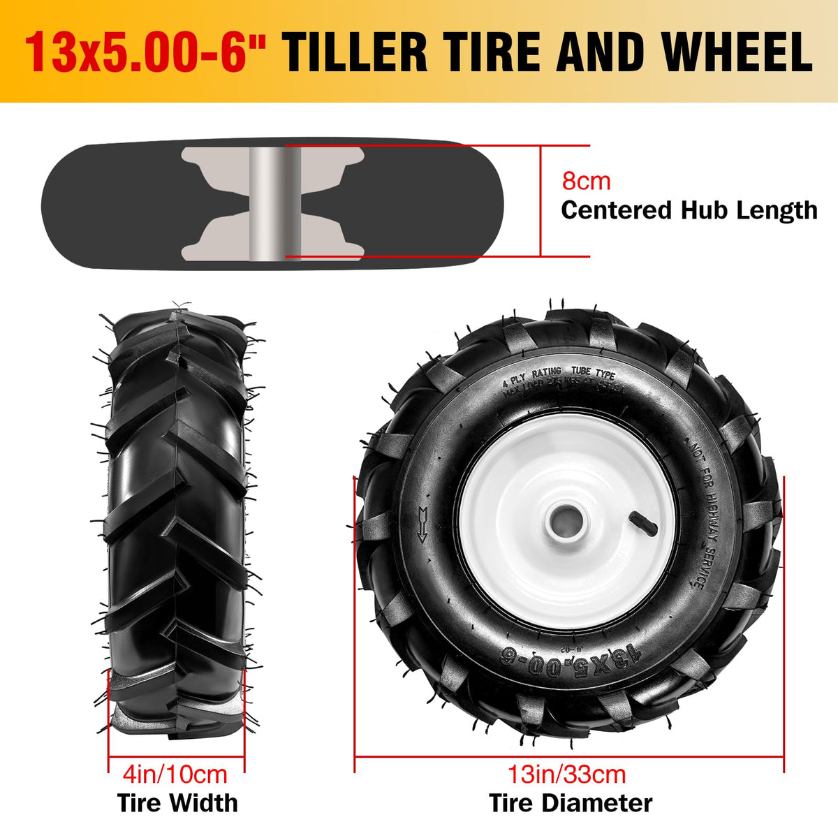 Soiiw tiller tire 4-ply construction provides reliable grip on uneven soil.